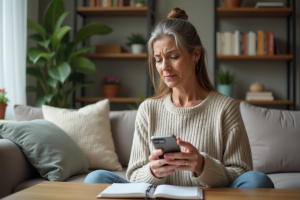 Femme réfléchissant en bloquant un numéro sur son téléphone dans un salon cosy