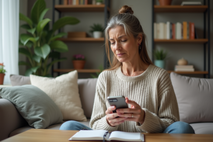 Femme réfléchissant en bloquant un numéro sur son téléphone dans un salon cosy