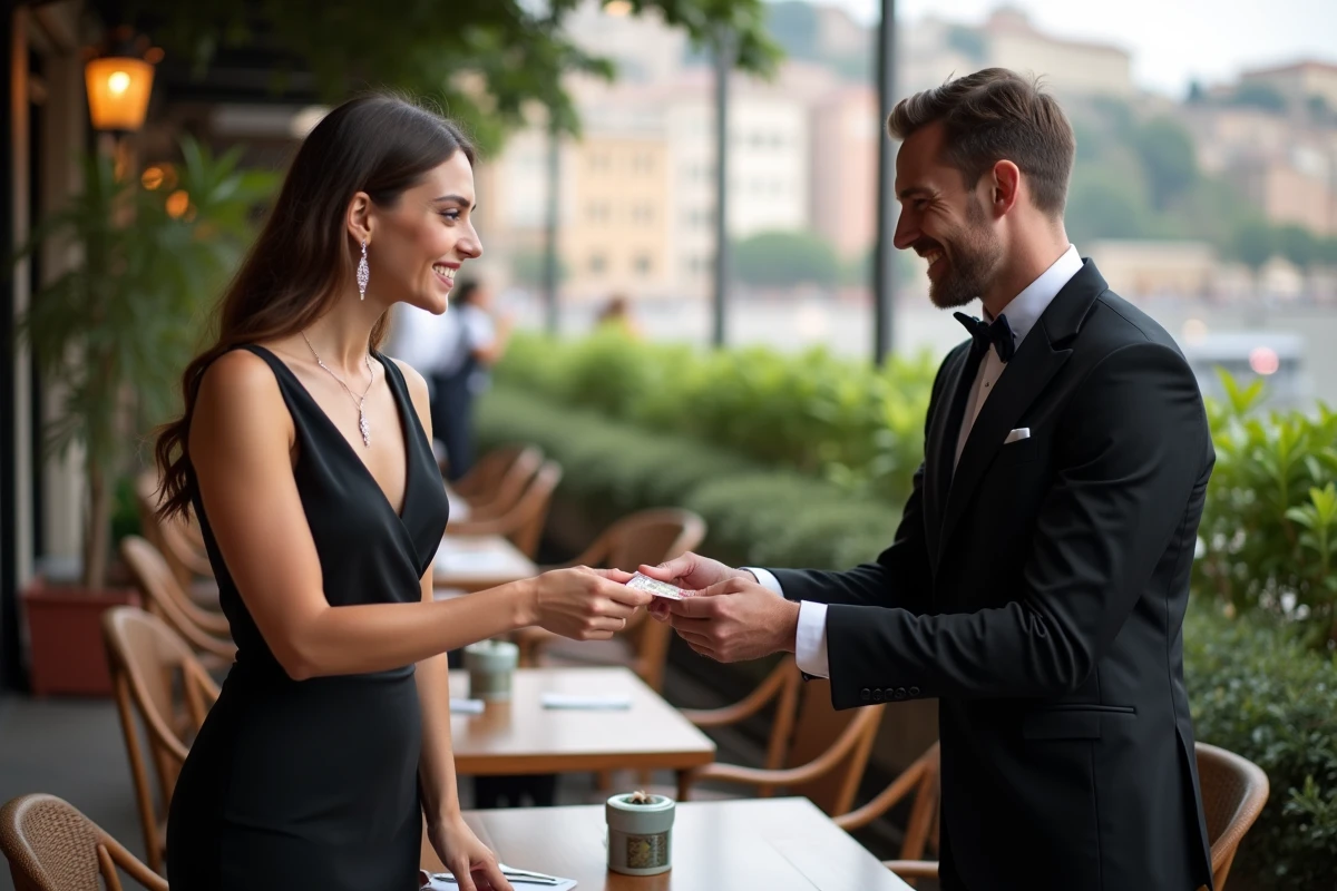 Jeune femme donnant un billet au serveur en terrasse extérieure