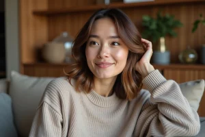 Femme souriante avec coupe dégradée dans un salon moderne