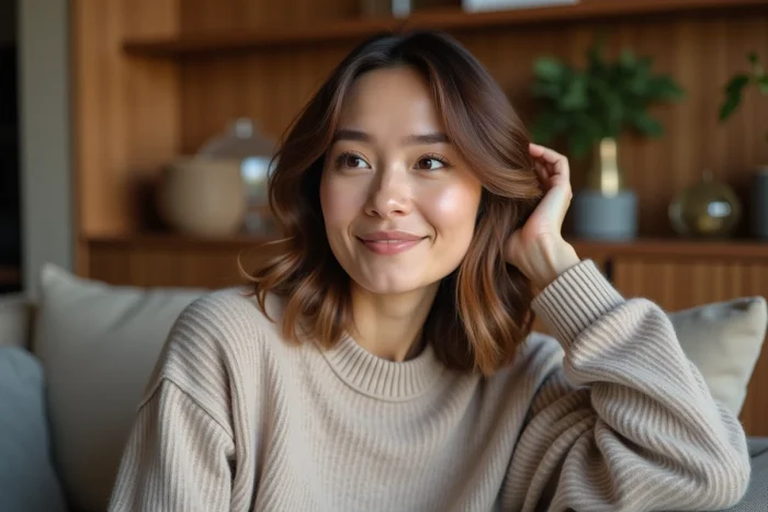Femme souriante avec coupe dégradée dans un salon moderne