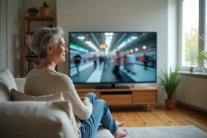 Femme assise regardant la télévision dans un salon parisien
