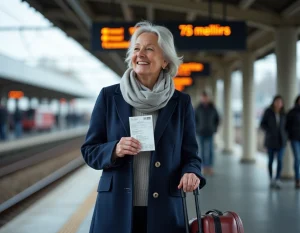 Femme senior souriante sur un quai de gare SNCF avec sa valise et son billet de train