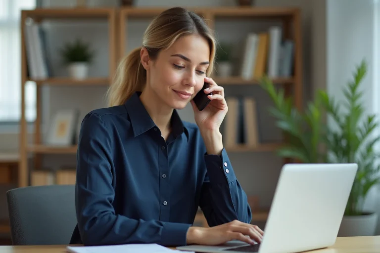 Femme contactant le service client Flying Blue par téléphone depuis son bureau à domicile