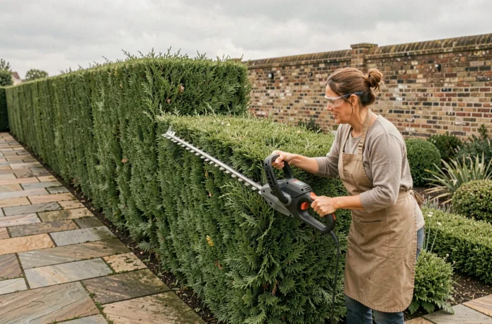 Femme utilisant une taille-haie électrique pour tailler des thuyas en hauteur dans un jardin