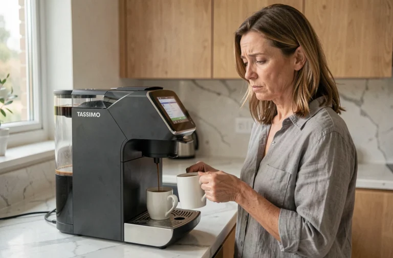 Femme perplexe devant sa machine Tassimo qui prépare un café trop court dans une cuisine moderne