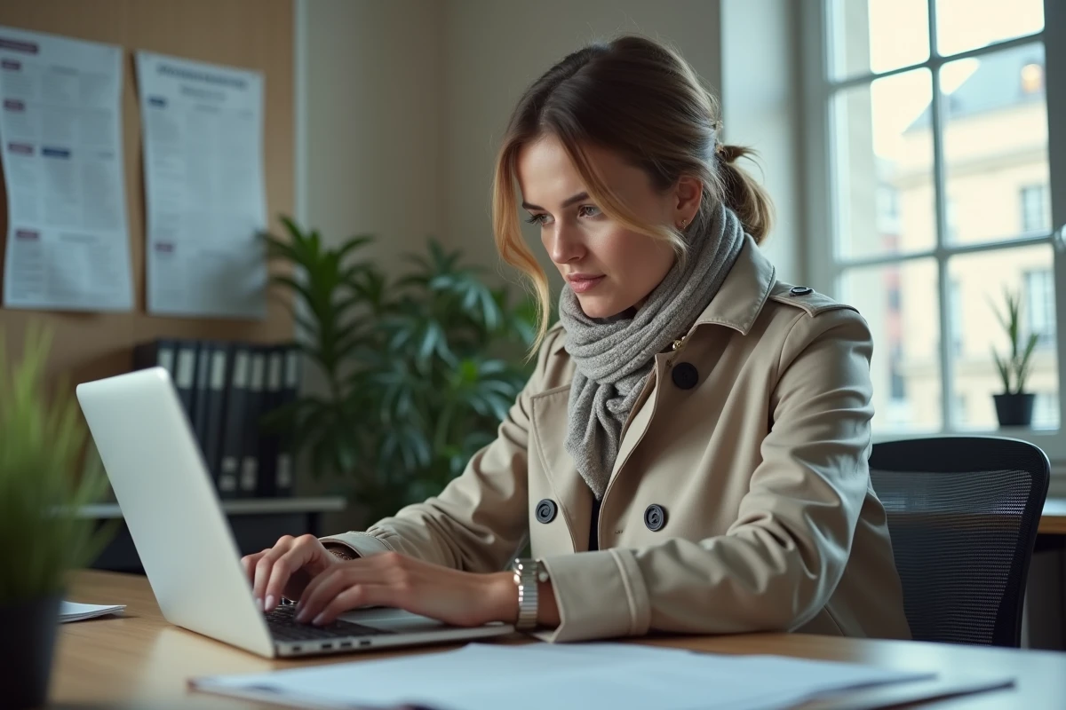 Jeune femme travaillant sur un ordinateur dans un bureau français