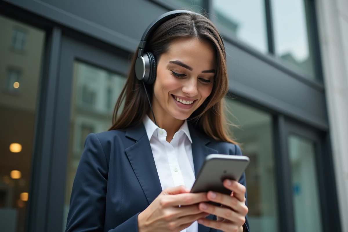 Femme moderne lisant des actualités sur son smartphone devant un bâtiment