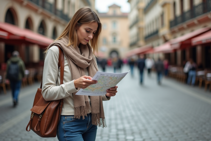 Femme regardant une carte dans une rue urbaine européenne