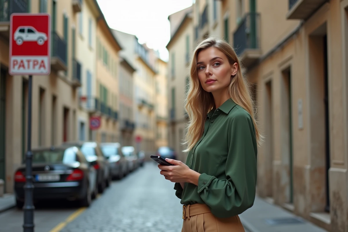 Jeune femme regardant un panneau de stationnement à Avignon