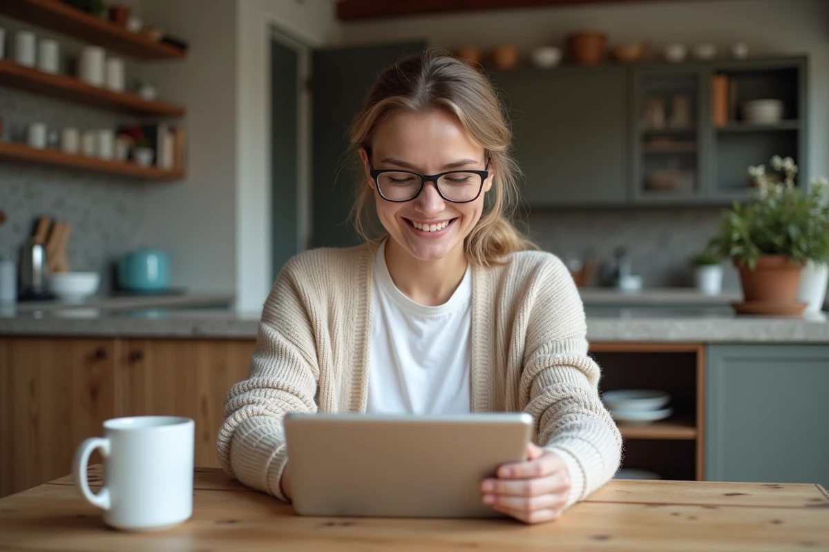 Femme souriante lors d’un appel vidéo dans une cuisine chaleureuse