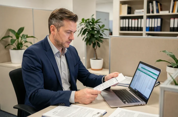 Fonctionnaire civil masculin consultant des documents de rémunération dans un bureau administratif moderne