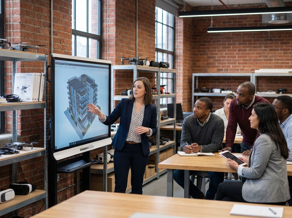 Formateur expliquant un rendu 3D à des adultes en formation