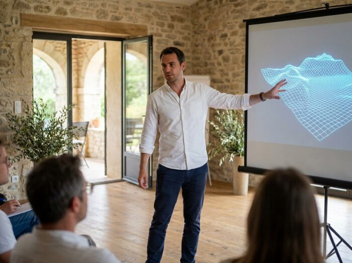 Formateur en animation 3D présentant un cours sur la modélisation de scènes 3D dans une école du Sud de la France