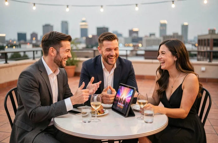 Groupe d'amis confirmant leur venue à une soirée ensemble autour d'une tablette en terrasse urbaine