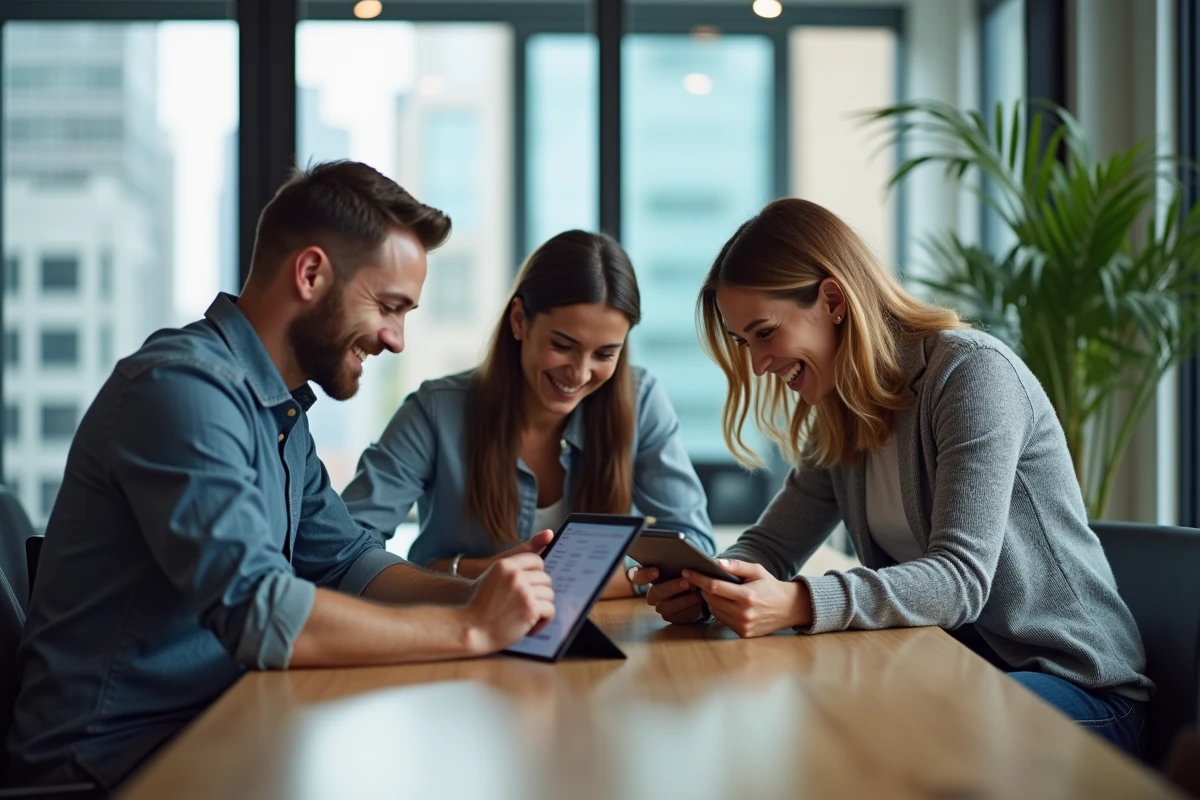 Groupe de trois personnes discutant avec des tablettes Scoopium