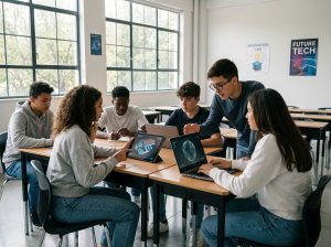 Groupe de lycéens en classe avec modèles 3D sur ordinateurs