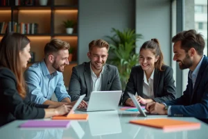 Groupe de jeunes professionnels en réunion dans un espace coworking