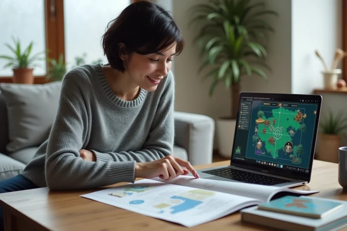 Femme consultant un guide stratégique pour choisir le meilleur métier artisan sur Dofus Retro