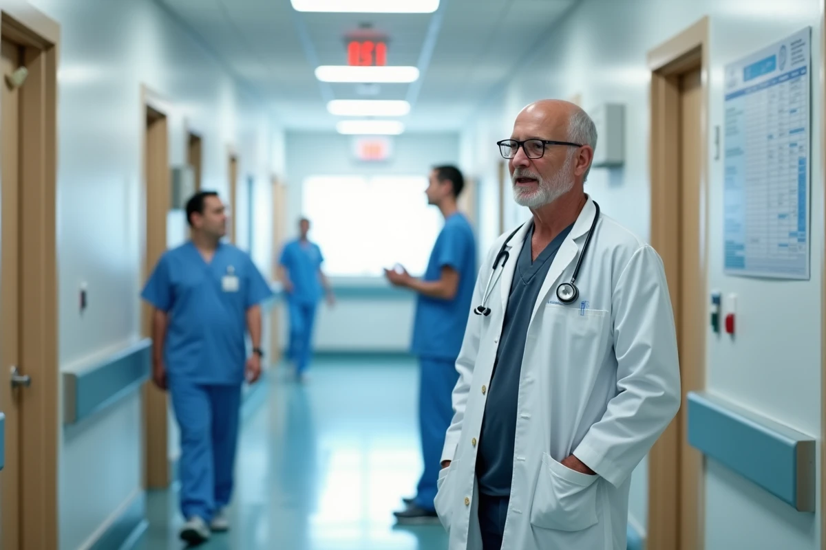 Gynécologue homme discutant avec un collègue dans un couloir hospitalier