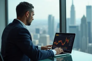 Homme d'affaires en costume regardant un graphique bitcoin sur son laptop