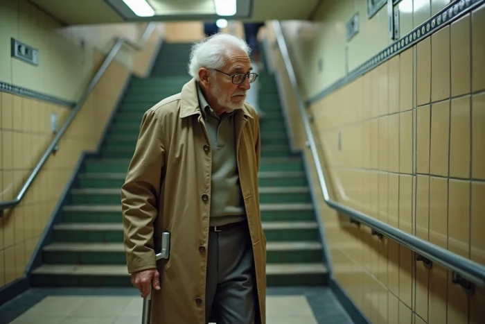 Homme âgé avec béquille face à un escalier inaccessible dans une station de métro française, symbole des obstacles pour les personnes à mobilité réduite