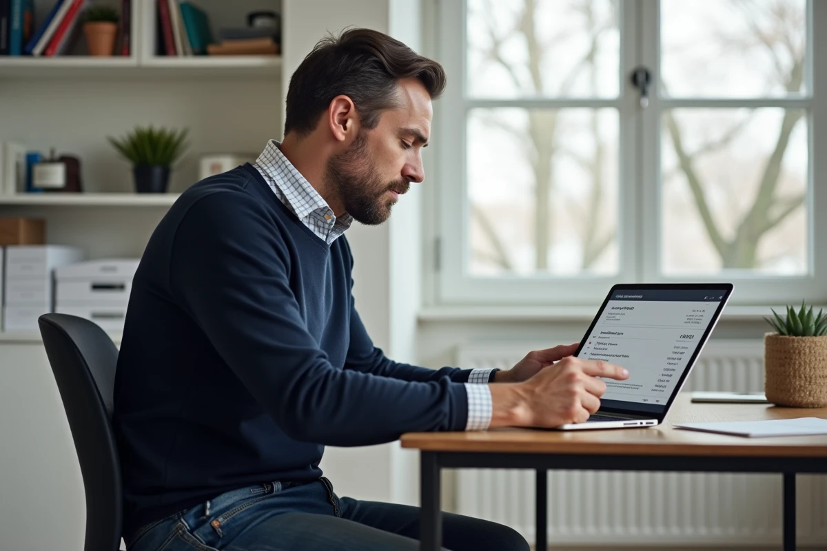 Homme d age moyen travaillant sur une tablette dans un bureau lumineux