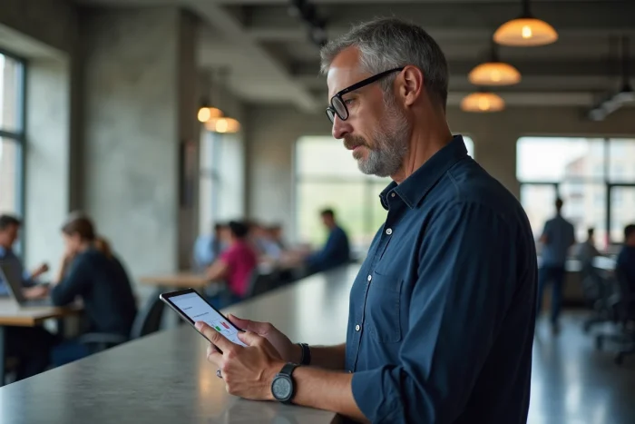 Homme en espace de coworking naviguant dans le plan d'un site d'achats sur une tablette