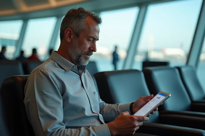 Homme consultant le service client Flying Blue sur tablette dans un terminal d'aéroport