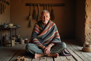 Homme indigène en poncho dans une cabane rustique