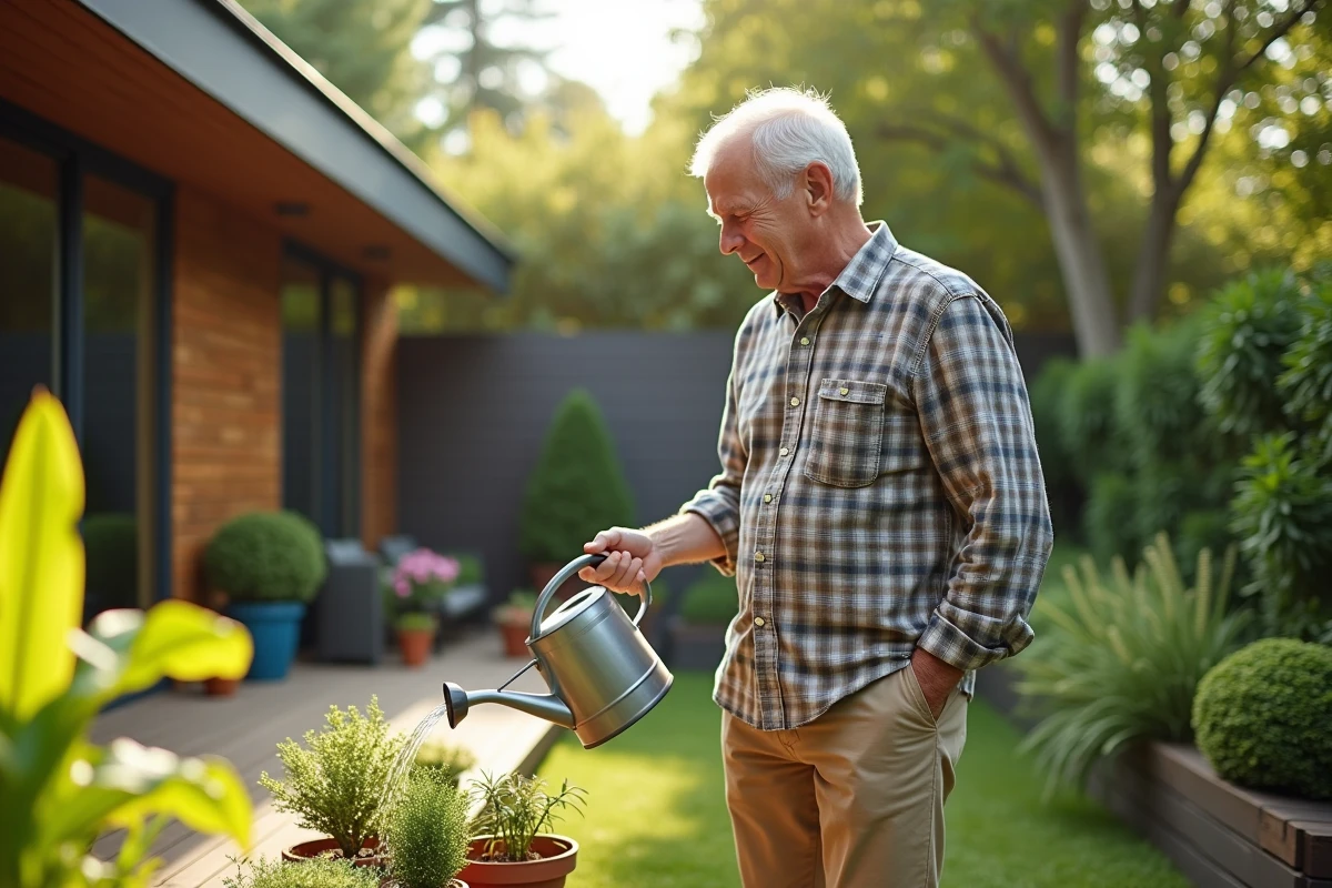 Homme arrosant ses plantes dans un jardin ensoleille