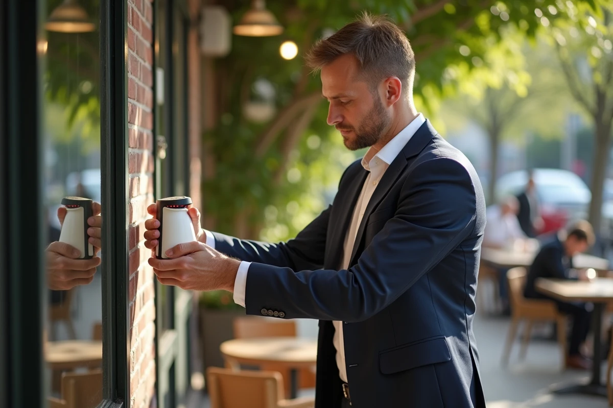 Homme attache une lampe insecte dans un cafe en plein air