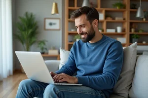 Homme détendu utilisant un ordinateur dans un salon moderne