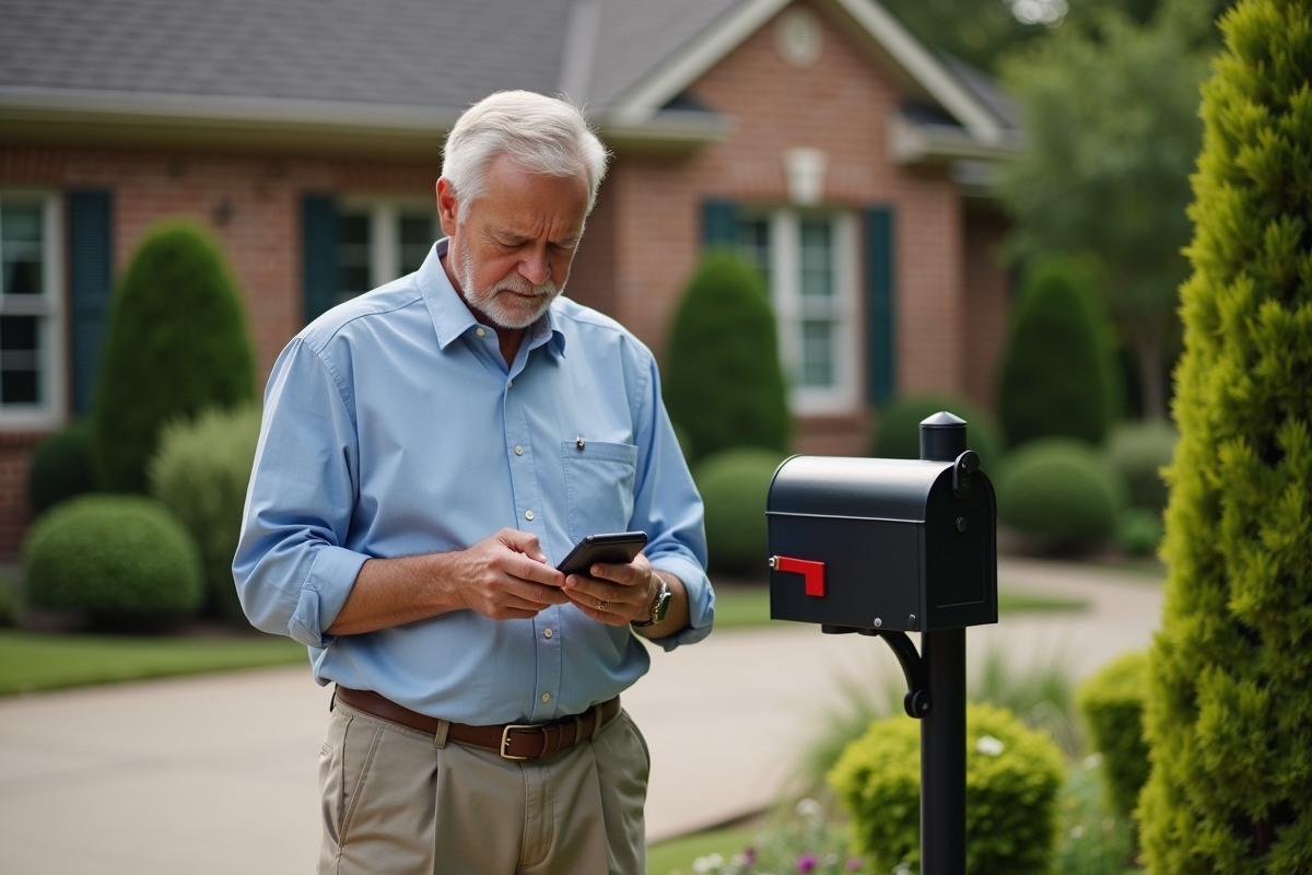 Homme retraité vérifiant son téléphone devant sa boîte aux lettres dans le jardin