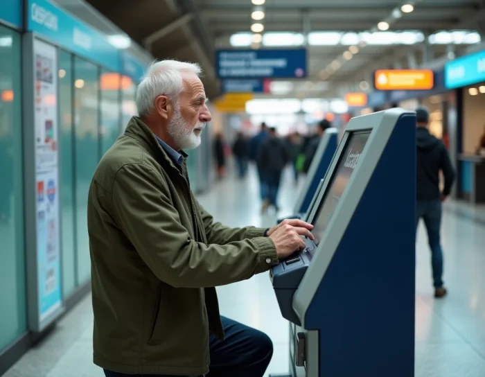 Homme âgé utilisant une borne SNCF pour acheter une carte senior à la gare