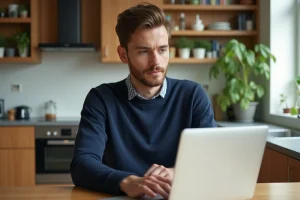 Homme en sweater bleu travaillant à la maison