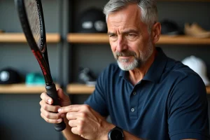 Homme d'âge moyen examinant une raquette de tennis en magasin