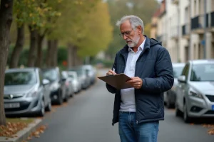 Homme d'âge moyen vérifiant une voiture sur une rue résidentielle