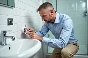 Homme inspectant une prise électrique dans une salle de bain moderne