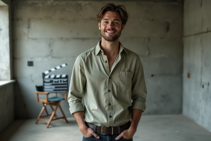 Jeune acteur du cinéma français en studio de tournage avec chaise de réalisateur vintage, sourire naturel et charisme naissant