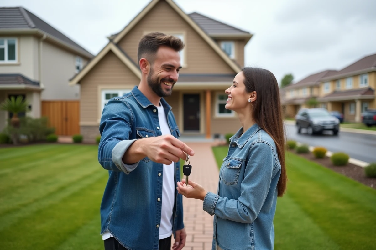 Couple souriant devant une maison neuve dans le quartier
