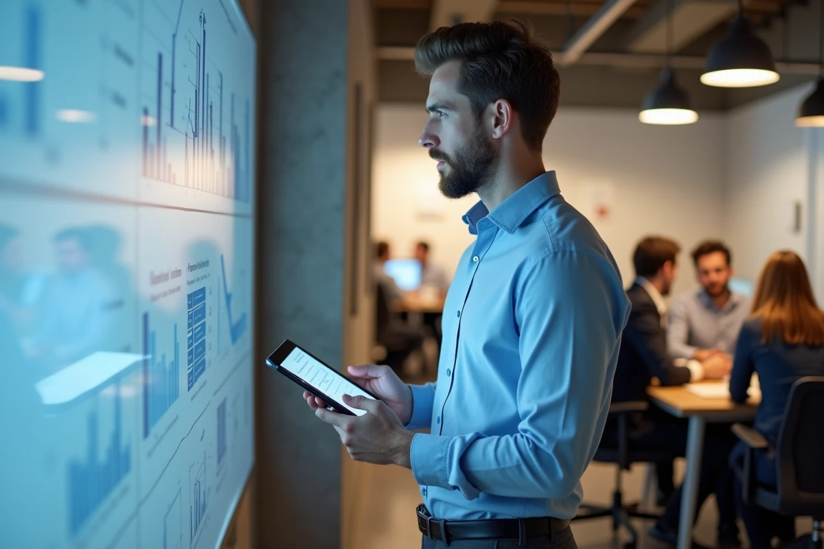 Jeune entrepreneur avec tablette et tableau blanc dans espace coworking