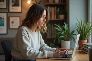 Jeune femme au bureau regardant son laptop Scoopium