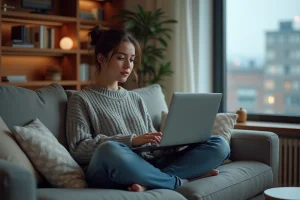 Jeune femme détendue regardant un film sur son ordinateur