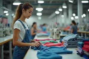 Jeune ouvrière textile inspectant des vêtements finis dans une usine