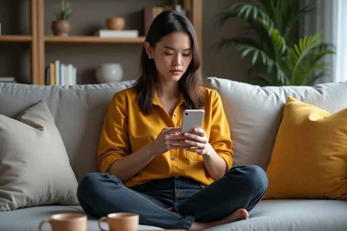 Jeune femme utilisant un smartphone pour explorer le plan de navigation d'une plateforme d'achats en ligne
