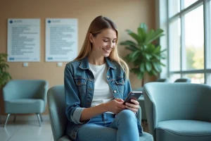 Jeune femme regardant son smartphone dans une salle d'attente moderne