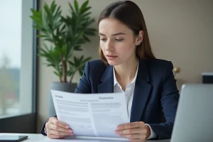 Jeune femme vérifiant un document Visale dans un bureau moderne