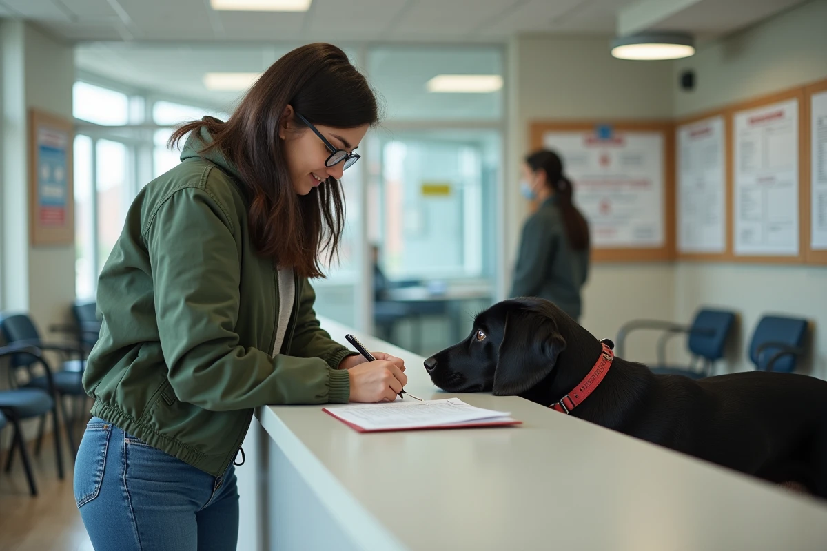 Jeune femme avec chien guide remplissant un formulaire en bureau