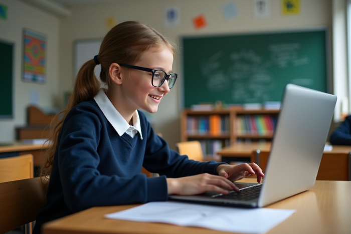 Jeune fille en uniforme scolaire utilisant un ordinateur portable